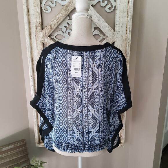 NY Collection Women's Cold Shoulder Dolman Cape Blouson Elastic Waist Top Blouse - Picture 4 of 9